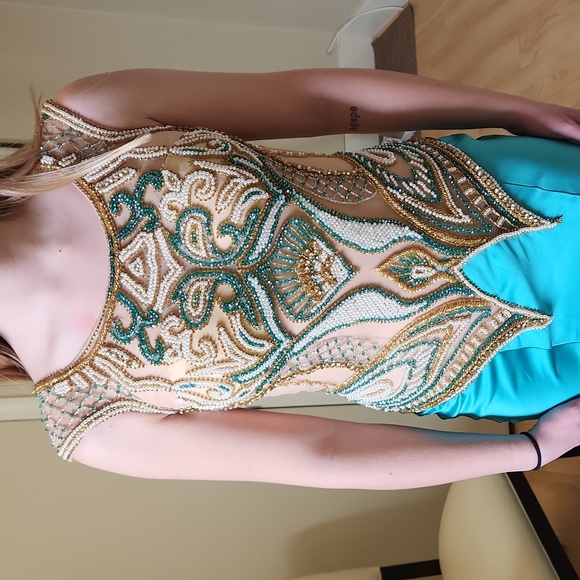 NWT size 4 gold & turquoise prom/pageant/evening gown by Vienna Prom - Picture 3 of 9
